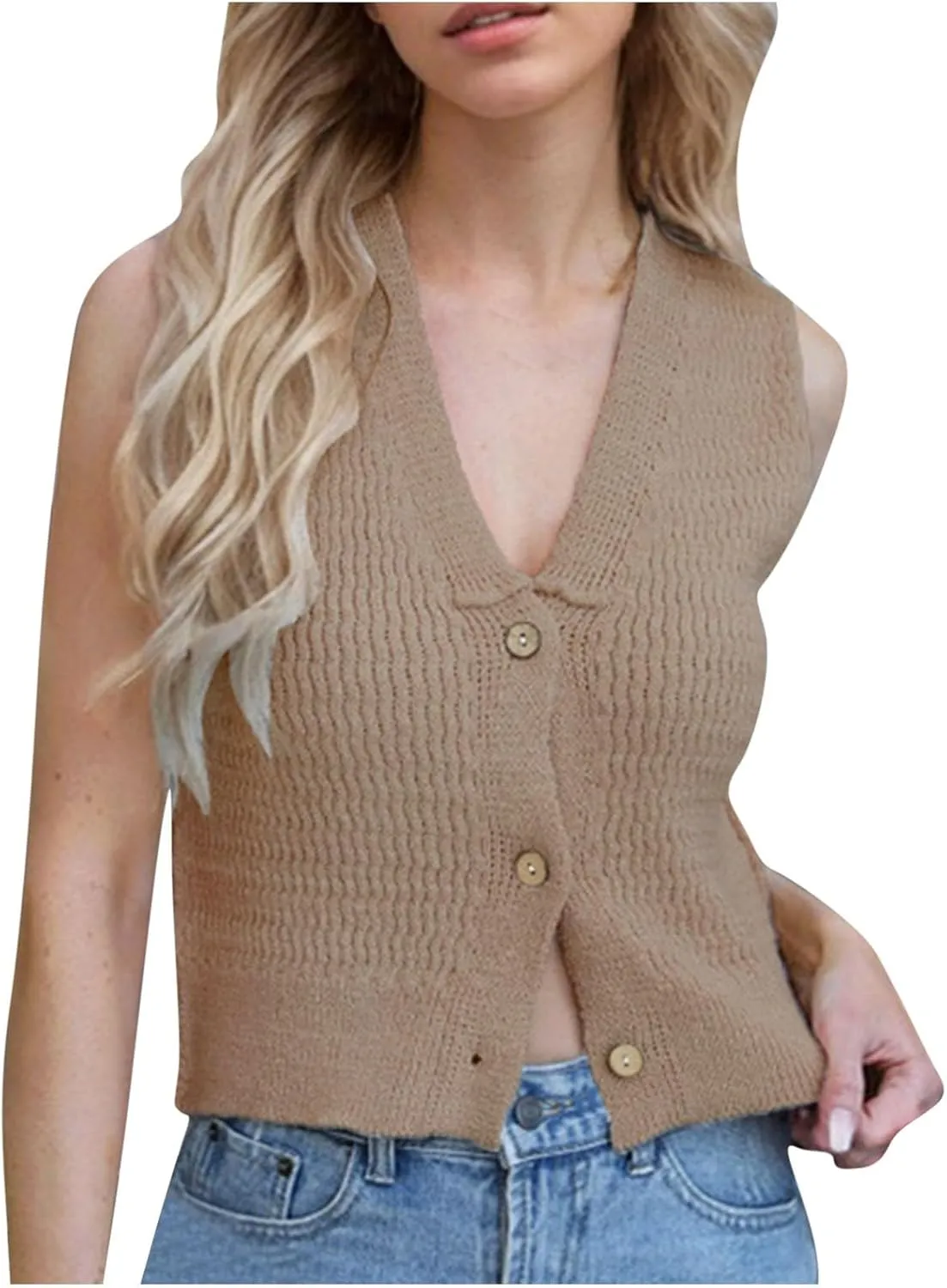 Sleeveless Knit Button Down Tank Tops for Women, Solid Color Casual Comfy Summer Trendy Clothes Going Out Daily Shirts