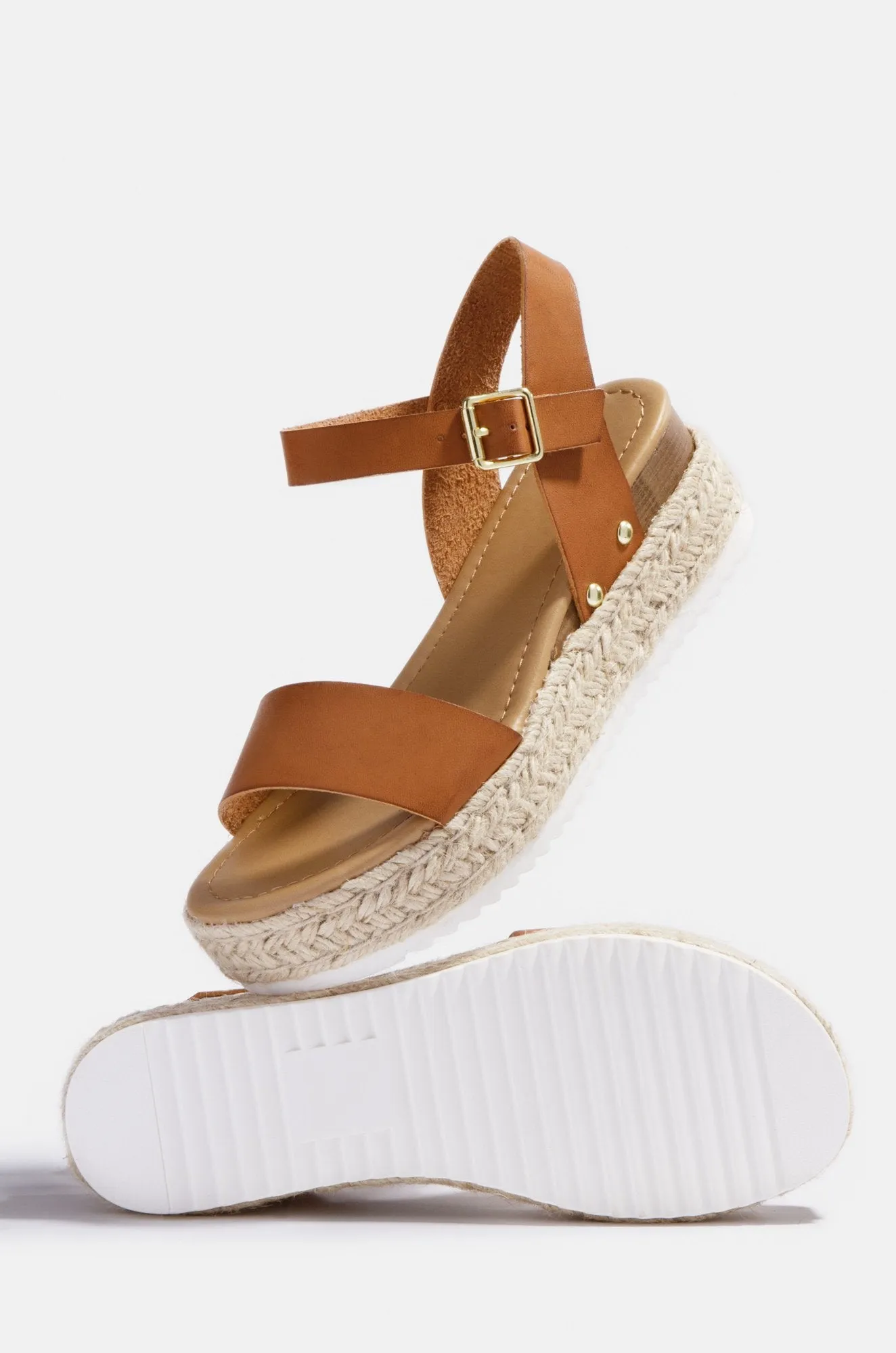 Soda Clip white Vegan Leather Casual Espadrilles Trim Flatform Wedge Sandals (7.5, Cognac-CLP)