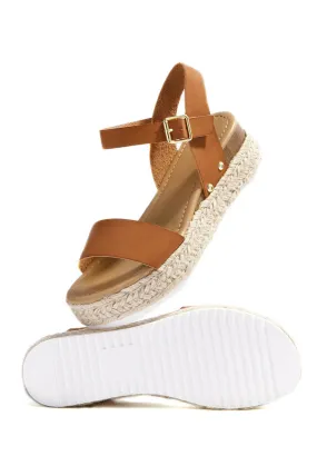 Soda Clip white Vegan Leather Casual Espadrilles Trim Flatform Wedge Sandals (7.5, Cognac-CLP)