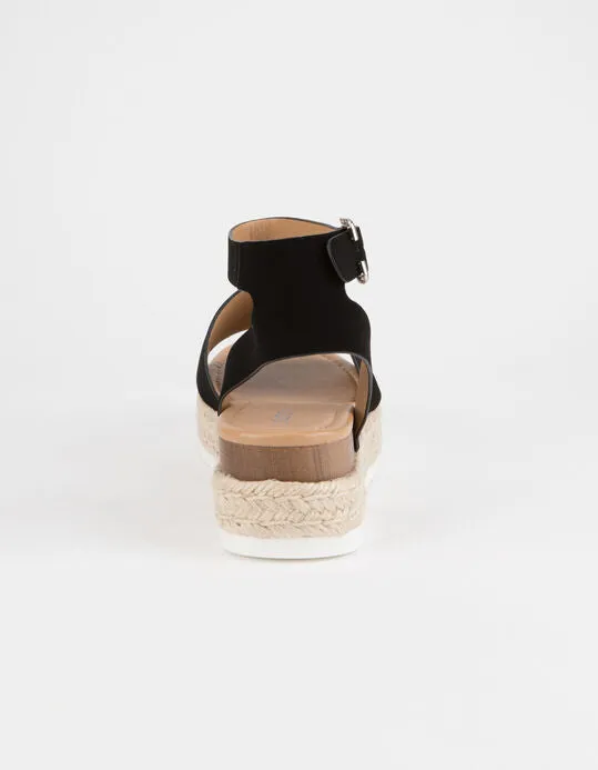 Soda Topic Open Toe Buckle Ankle Strap Espadrilles Flatform Wedge Casual Sandal (7, Black)