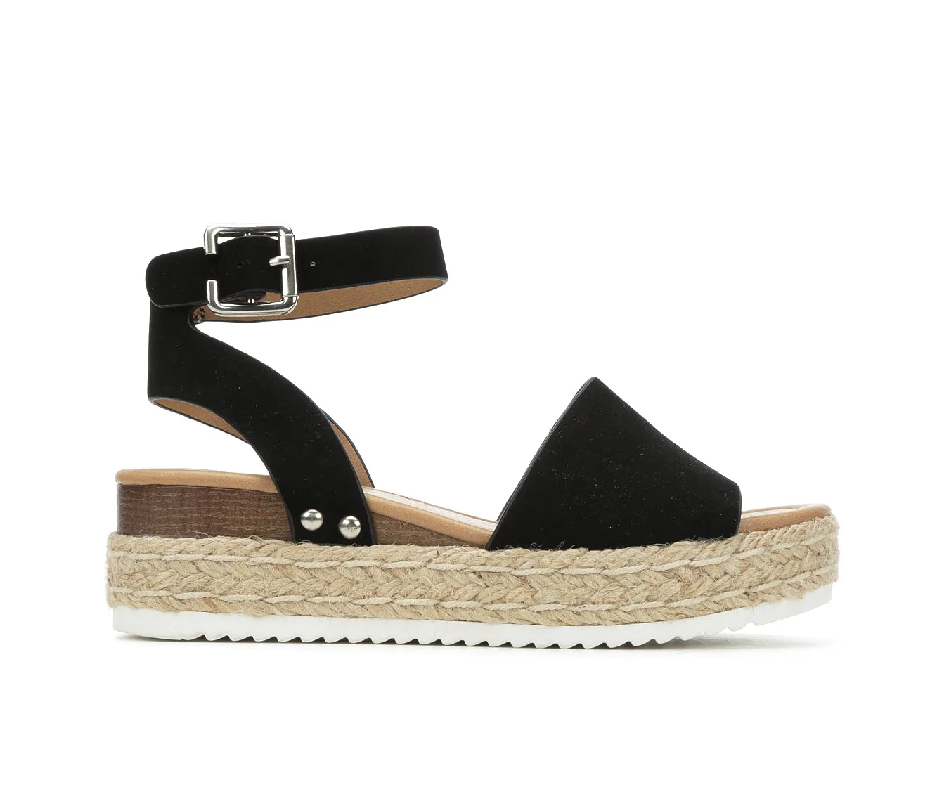 Soda Topic Open Toe Buckle Ankle Strap Espadrilles Flatform Wedge Casual Sandal (7, Black)
