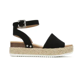 Soda Topic Open Toe Buckle Ankle Strap Espadrilles Flatform Wedge Casual Sandal (7, Black)