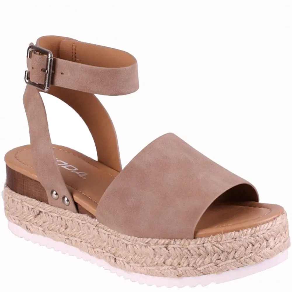 Soda Topic Open Toe Buckle Ankle Strap Espadrilles Flatform Wedge Casual Sandal (8.5, Dark Natural)