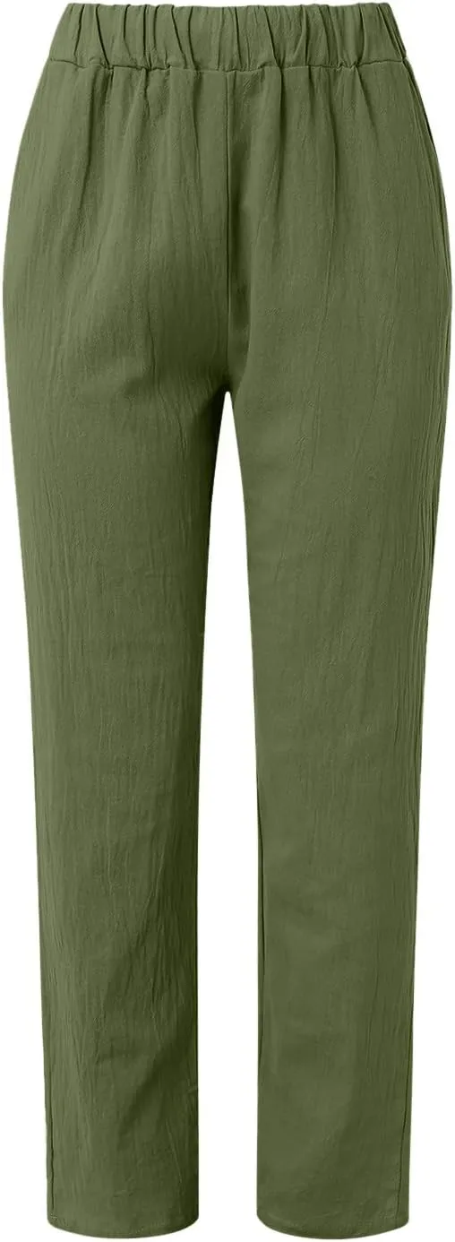 Striped Linen Pants Women Summer Crop Causal Pants Button Side Elastic Waist Straight Leg Pants with Pockets Beach Trousers