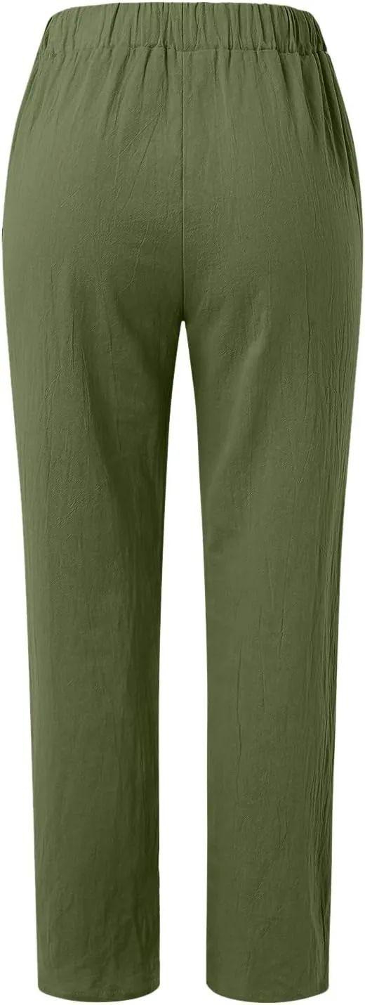 Striped Linen Pants Women Summer Crop Causal Pants Button Side Elastic Waist Straight Leg Pants with Pockets Beach Trousers