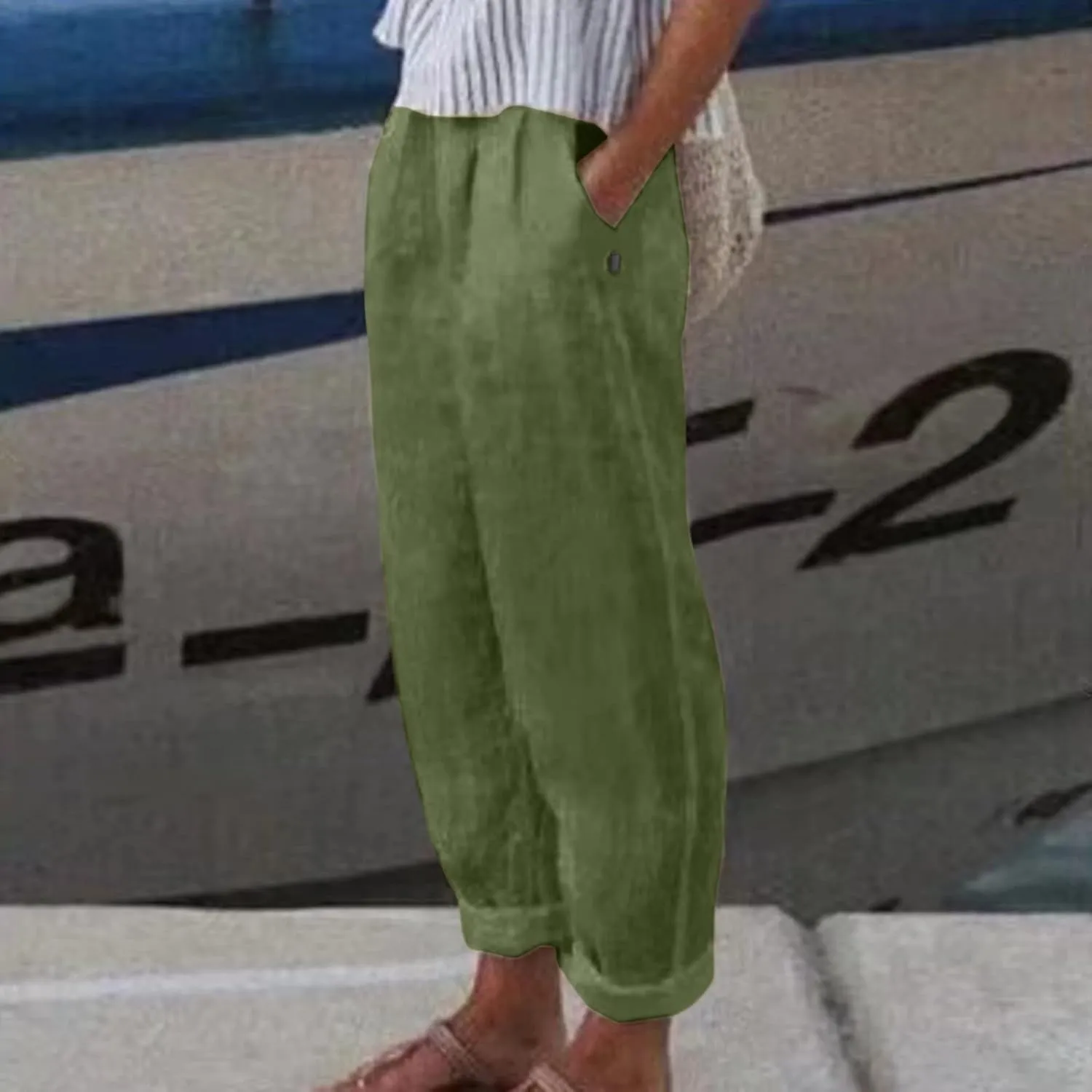 Striped Linen Pants Women Summer Crop Causal Pants Button Side Elastic Waist Straight Leg Pants with Pockets Beach Trousers