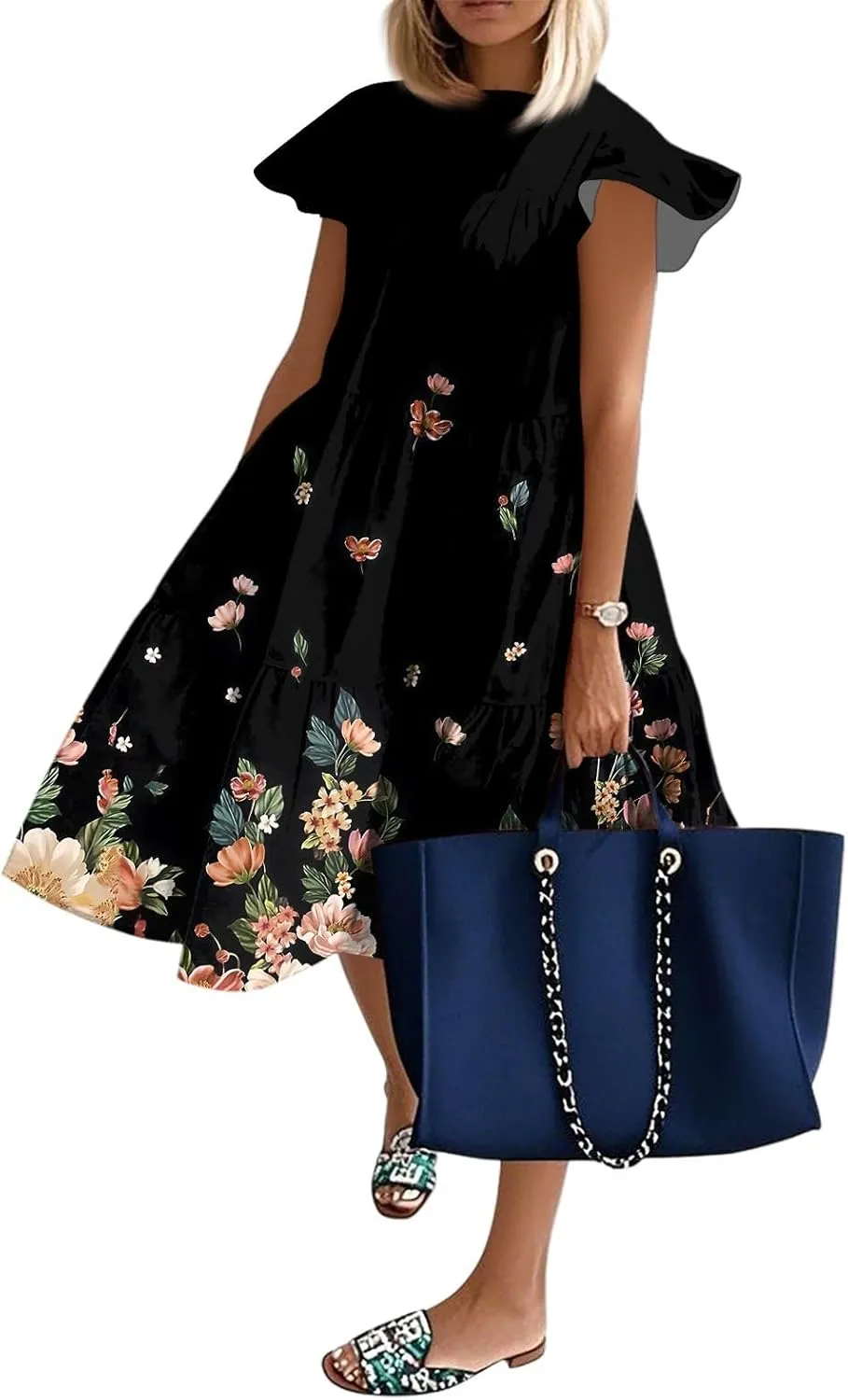 Summer Babydoll Dresses for Women 2025 Plus Size Ruffle Dress Casual Cap Sleeve Flowy Midi Dress