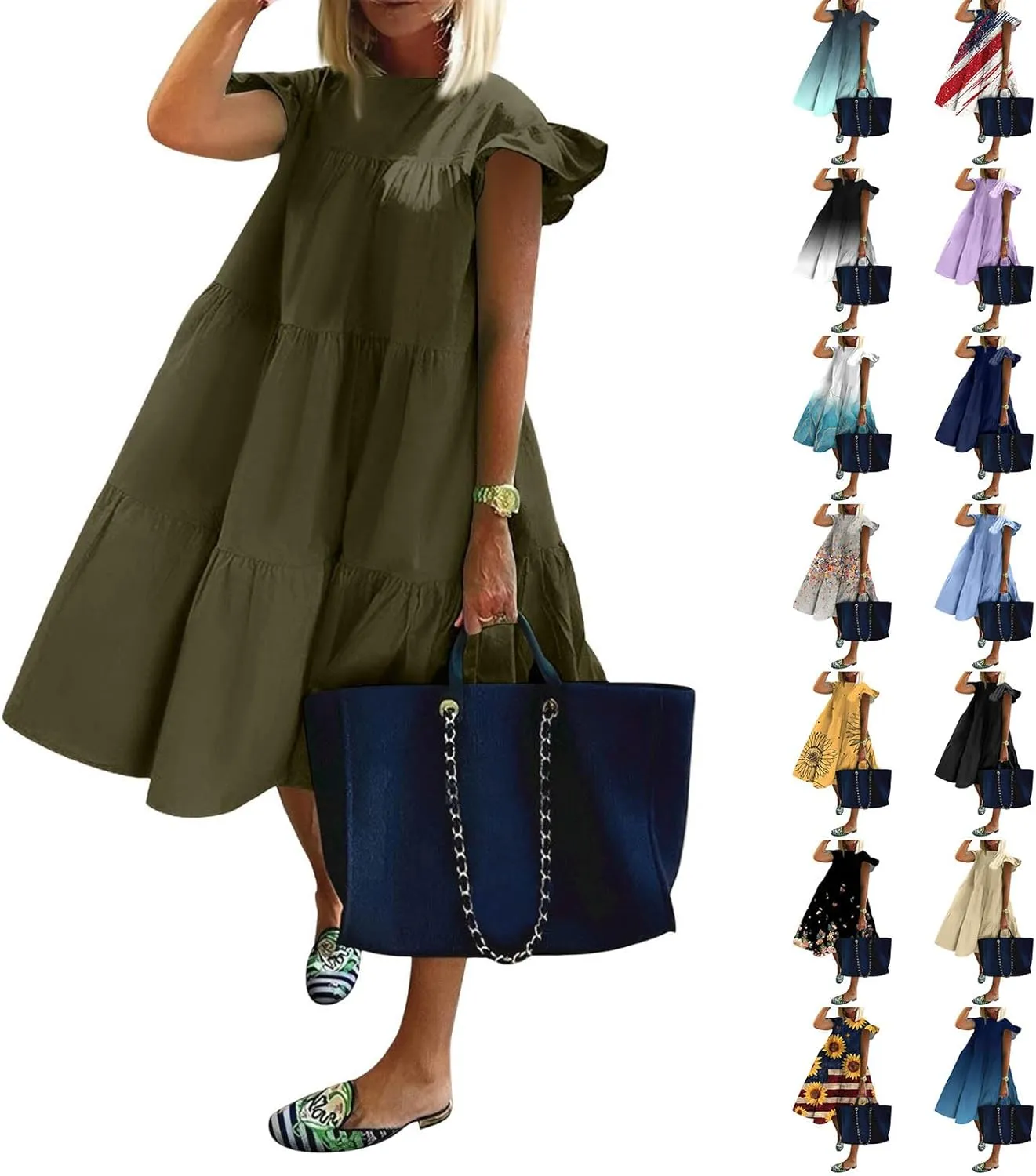 Summer Babydoll Dresses for Women 2025 Plus Size Ruffle Dress Casual Cap Sleeve Flowy Midi Dress