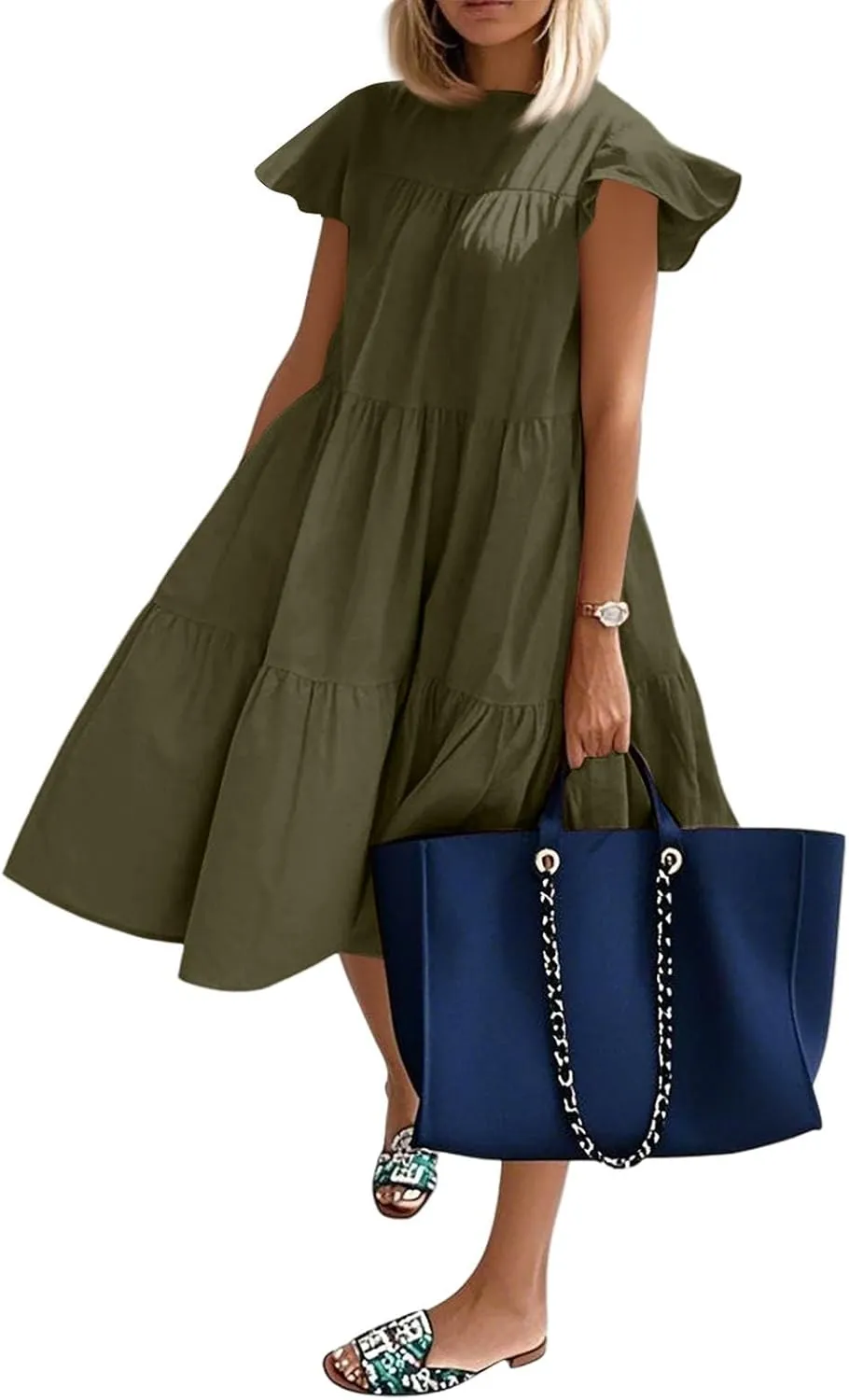 Summer Babydoll Dresses for Women 2025 Plus Size Ruffle Dress Casual Cap Sleeve Flowy Midi Dress
