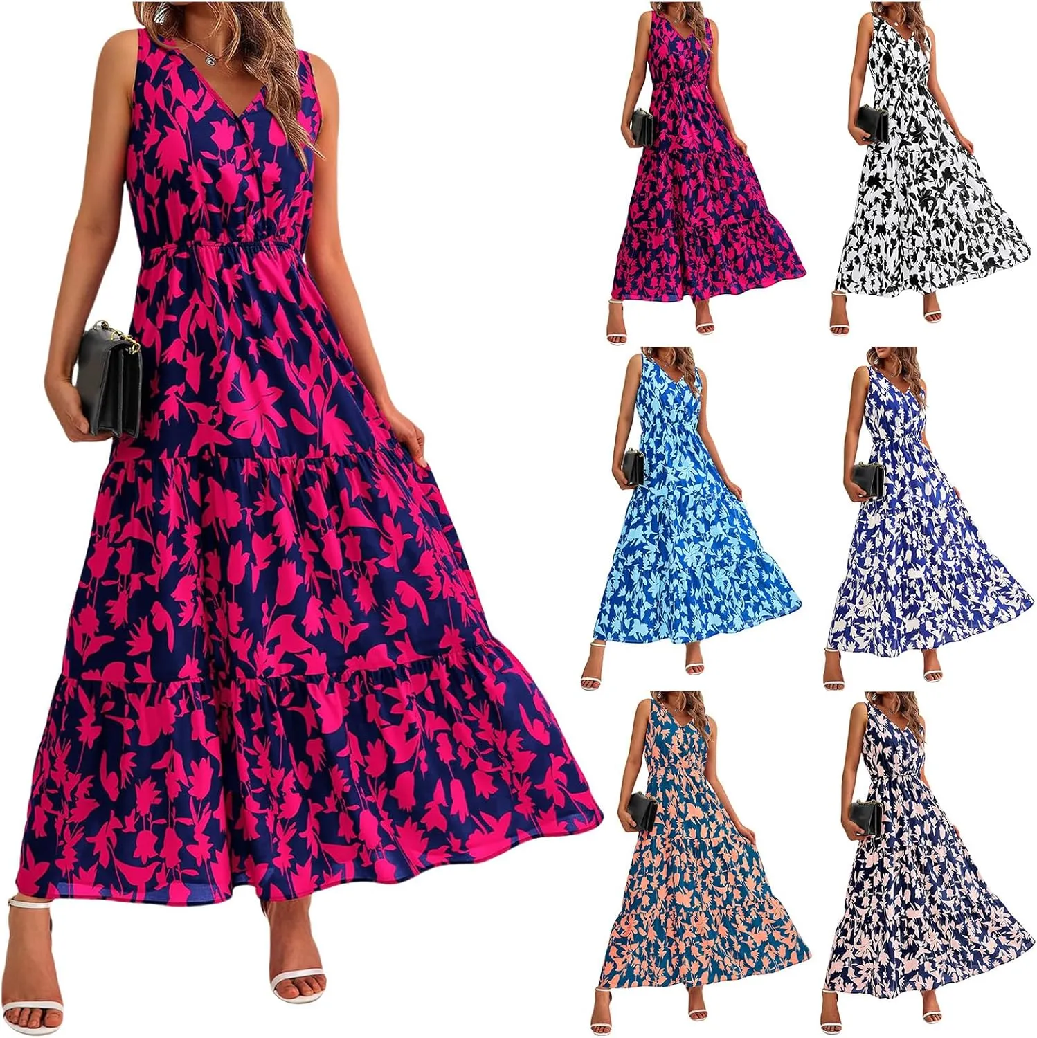 Summer Dresses for Women 2025 Sleeveless Flowy Dresses Cute Floral Maxi Dress Casual Vacation Wedding Guest Dress