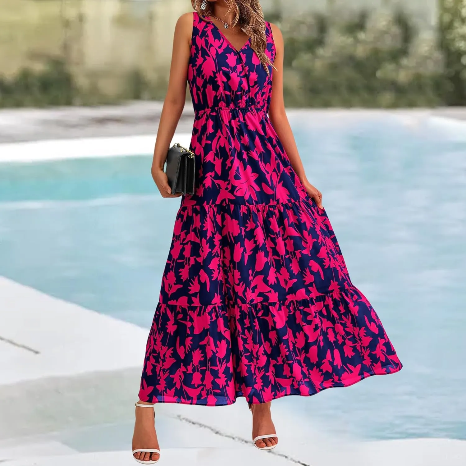 Summer Dresses for Women 2025 Sleeveless Flowy Dresses Cute Floral Maxi Dress Casual Vacation Wedding Guest Dress