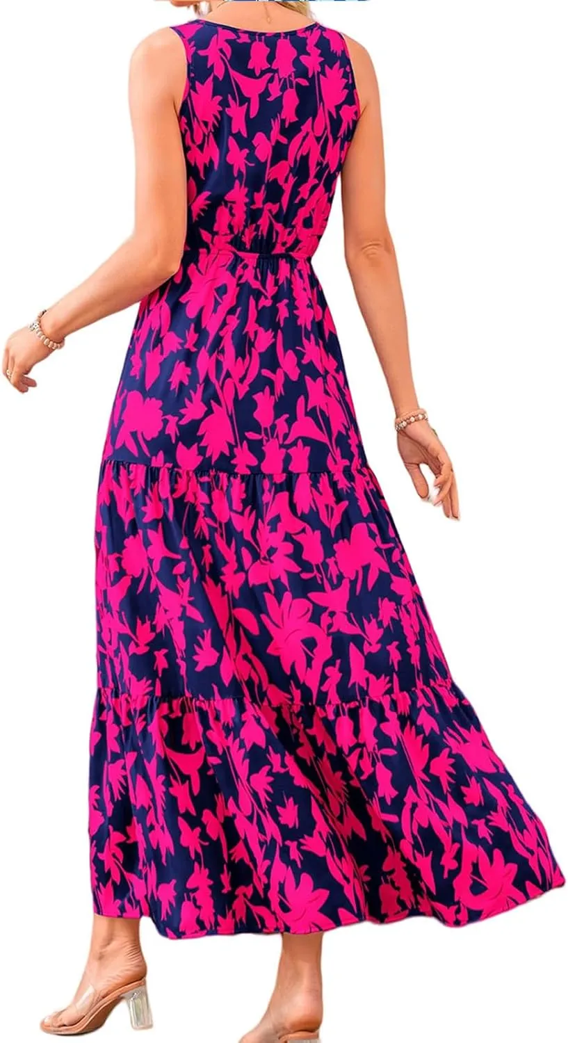 Summer Dresses for Women 2025 Sleeveless Flowy Dresses Cute Floral Maxi Dress Casual Vacation Wedding Guest Dress