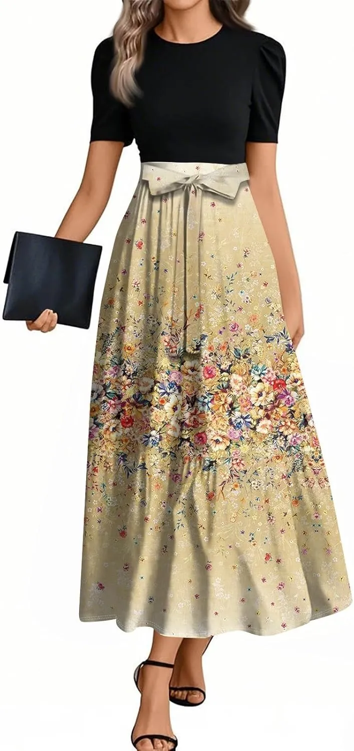 Summer Dresses for Women Casual A-Line Maxi Dress Elegant Flowy Long Dress High Waist Floral Printrd Dress with Belt