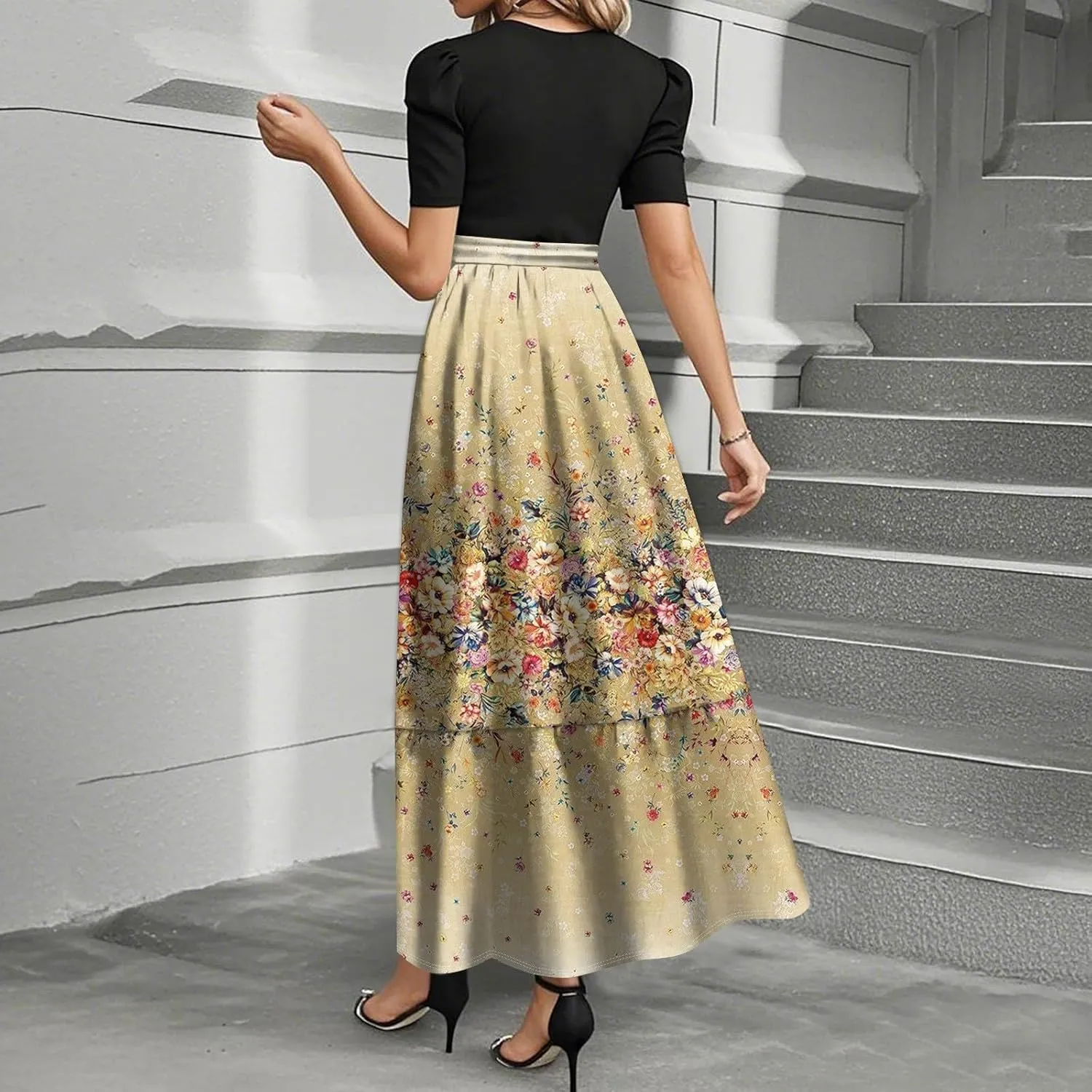 Summer Dresses for Women Casual A-Line Maxi Dress Elegant Flowy Long Dress High Waist Floral Printrd Dress with Belt