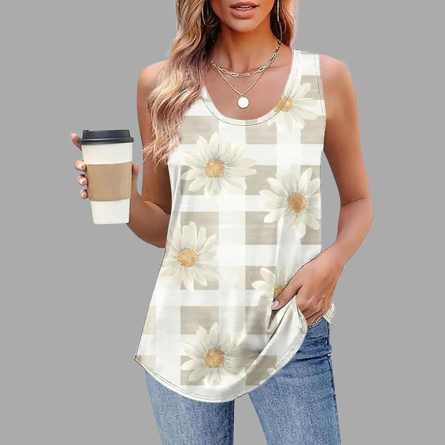 Summer Tank Tops for Women 2025 Printed V Neck Sleeveless Casual Tunic Camisole Soft Beach Vacation Dressy Tank Top