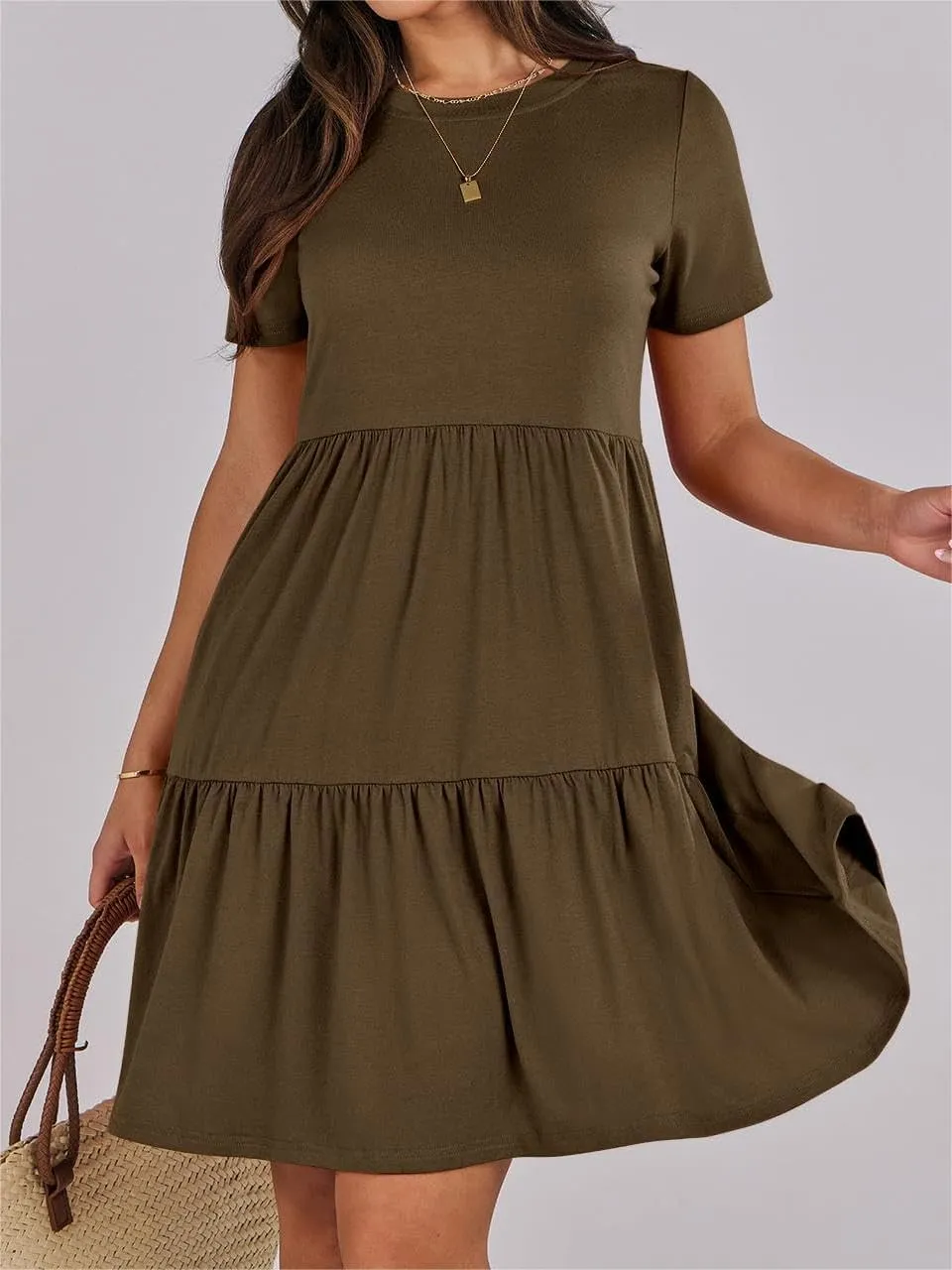 T Shirt Dress Women Summer Casual Short Sleeve Crewneck Mini Tshirt Dresses Loose Flowy Tiered Short Dress with Pockets
