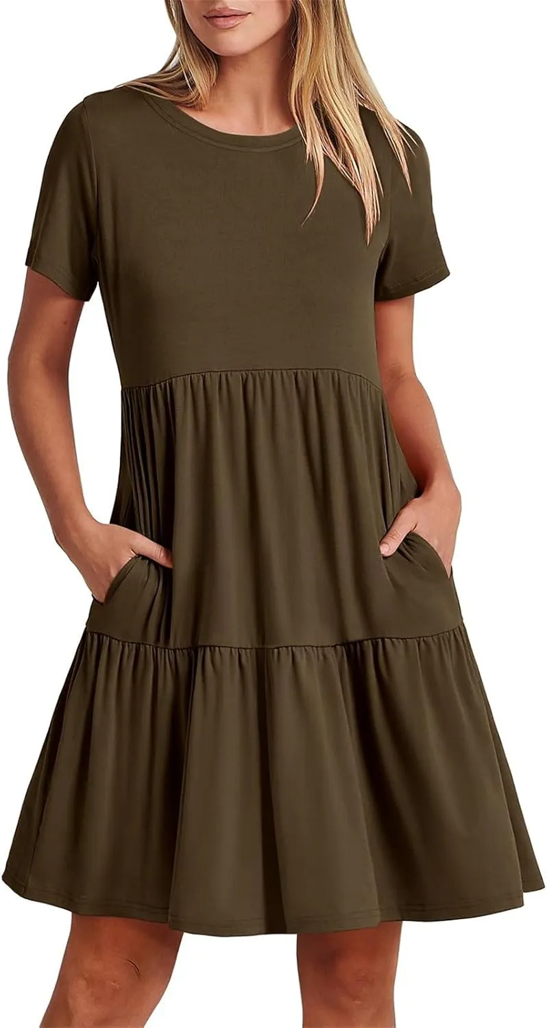 T Shirt Dress Women Summer Casual Short Sleeve Crewneck Mini Tshirt Dresses Loose Flowy Tiered Short Dress with Pockets