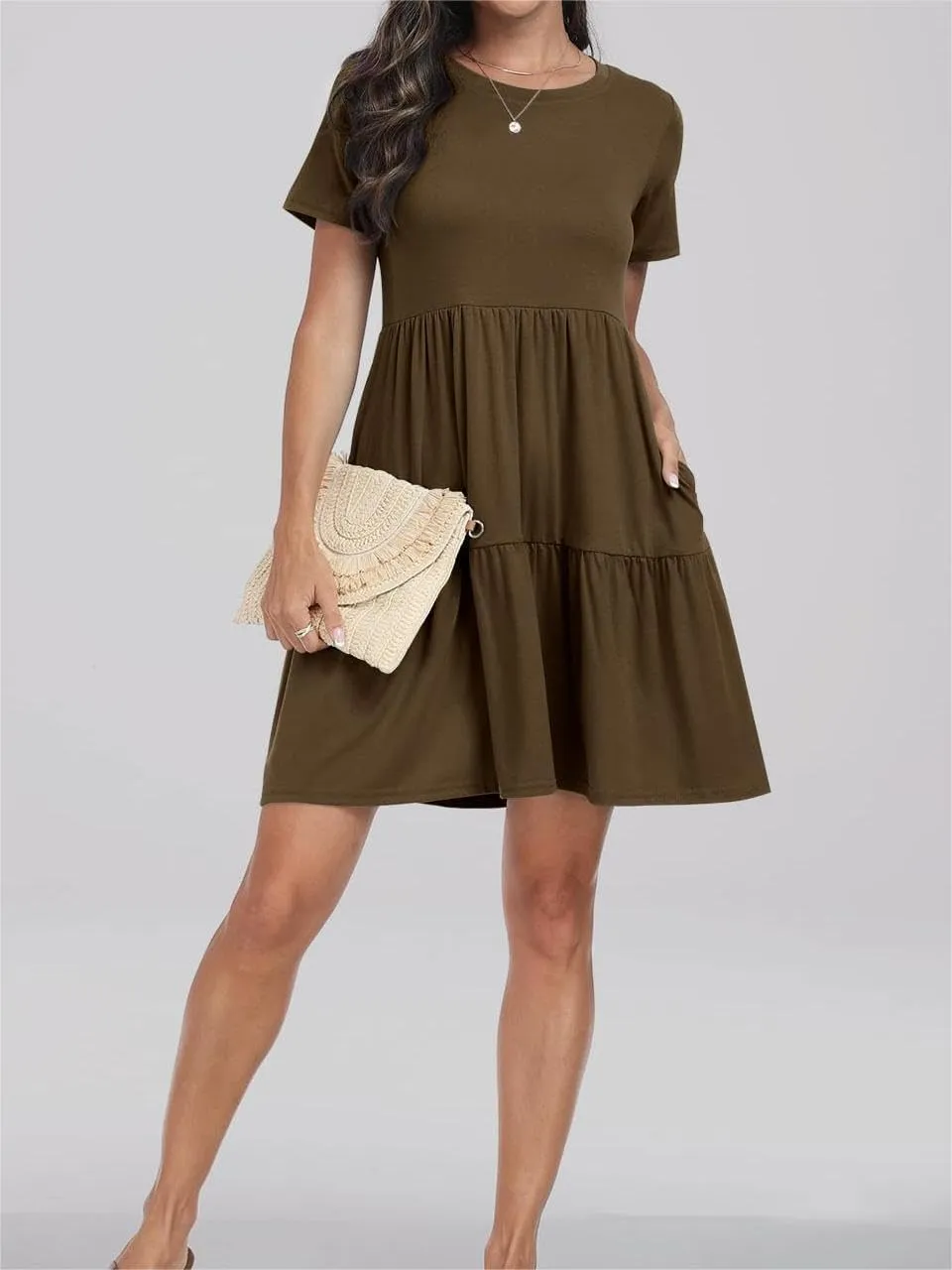 T Shirt Dress Women Summer Casual Short Sleeve Crewneck Mini Tshirt Dresses Loose Flowy Tiered Short Dress with Pockets