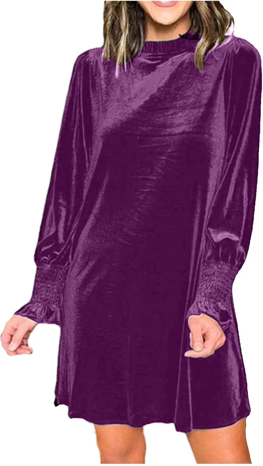 Velvet Dress for Women Long Sleeve Crewneck Shift Short Dress Solid Color Party Short Dress Loose Fit Semi Dress 2024