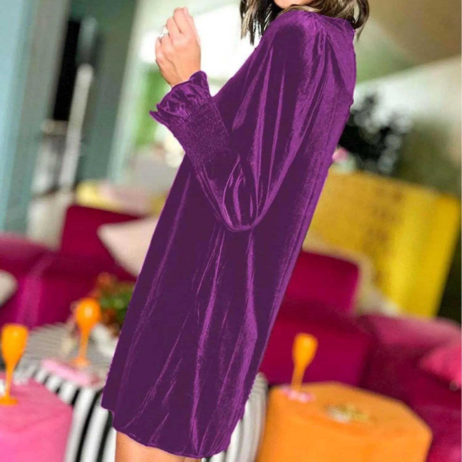 Velvet Dress for Women Long Sleeve Crewneck Shift Short Dress Solid Color Party Short Dress Loose Fit Semi Dress 2024