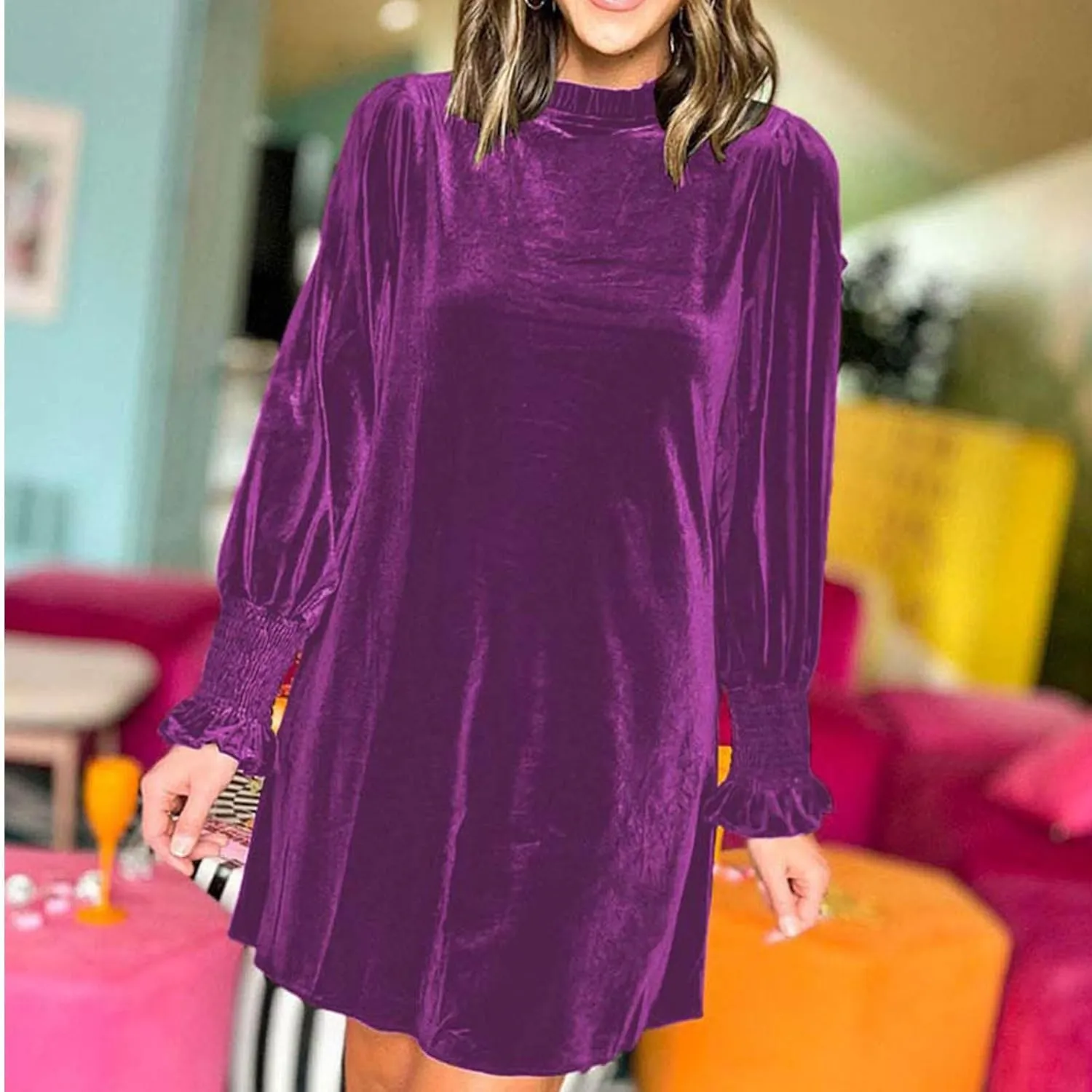 Velvet Dress for Women Long Sleeve Crewneck Shift Short Dress Solid Color Party Short Dress Loose Fit Semi Dress 2024