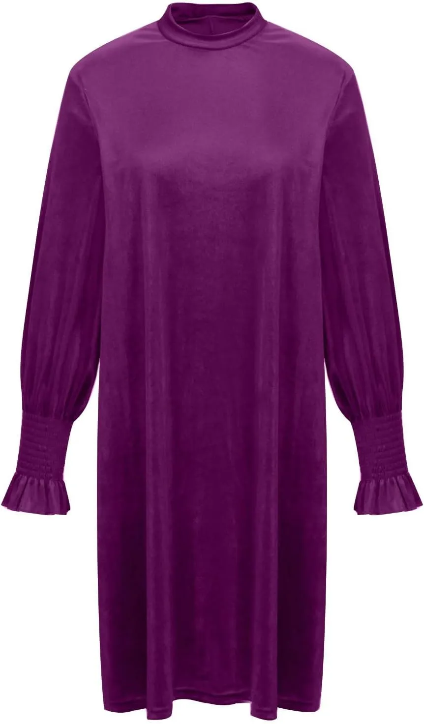 Velvet Dress for Women Long Sleeve Crewneck Shift Short Dress Solid Color Party Short Dress Loose Fit Semi Dress 2024