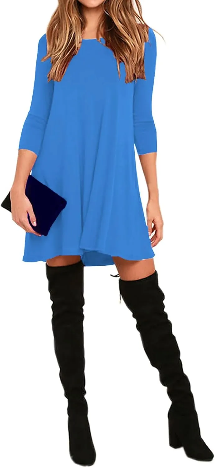 VIISHOW Womens Round Neck 3/4 Sleeves A-line Casual Tshirt Dress with Pocket