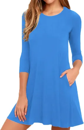 VIISHOW Womens Round Neck 3/4 Sleeves A-line Casual Tshirt Dress with Pocket