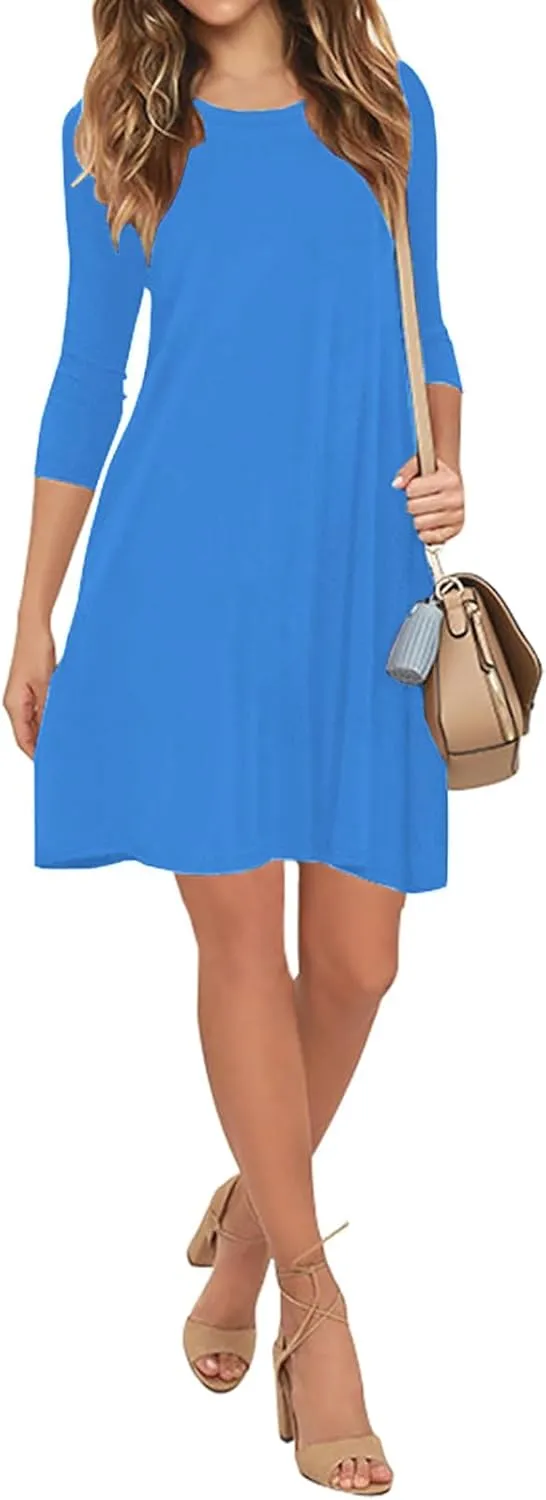 VIISHOW Womens Round Neck 3/4 Sleeves A-line Casual Tshirt Dress with Pocket