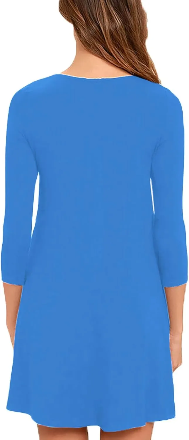 VIISHOW Womens Round Neck 3/4 Sleeves A-line Casual Tshirt Dress with Pocket
