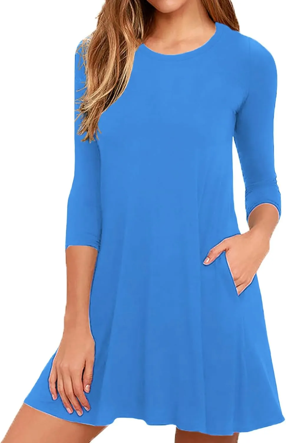 VIISHOW Womens Round Neck 3/4 Sleeves A-line Casual Tshirt Dress with Pocket