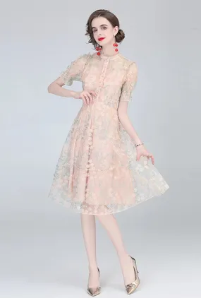 Vintage Boho Midi Dress - Pink Amelia | Embroidered Lace Bohemian Style Dress