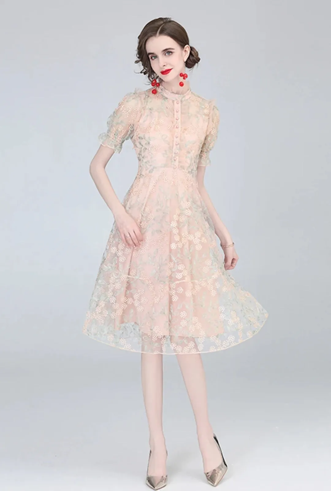 Vintage Boho Midi Dress - Pink Amelia | Embroidered Lace Bohemian Style Dress