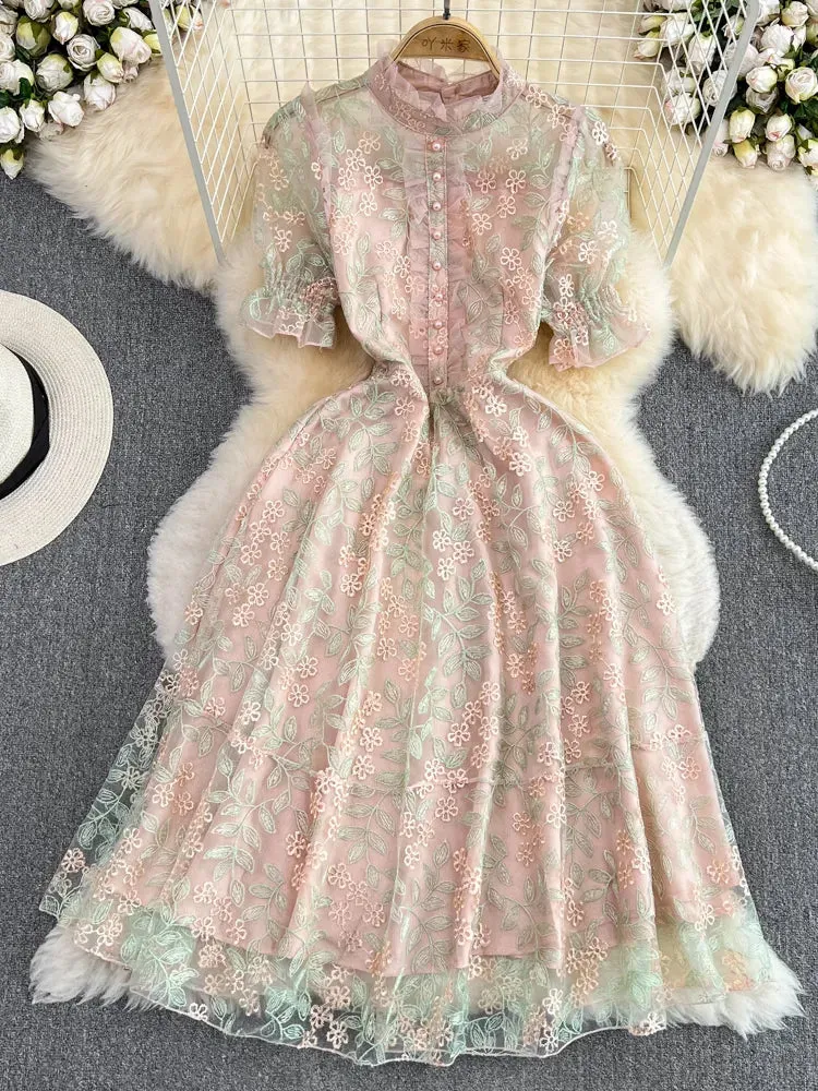 Vintage Boho Midi Dress - Pink Amelia | Embroidered Lace Bohemian Style Dress