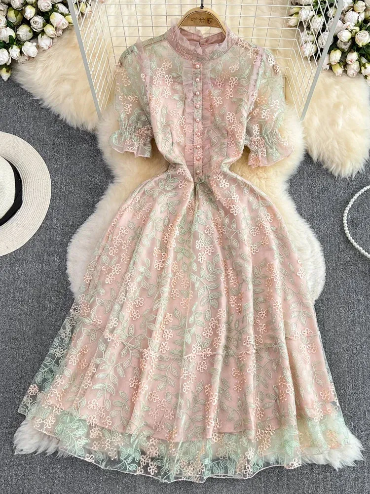Vintage Boho Midi Dress - Pink Amelia | Embroidered Lace Bohemian Style Dress