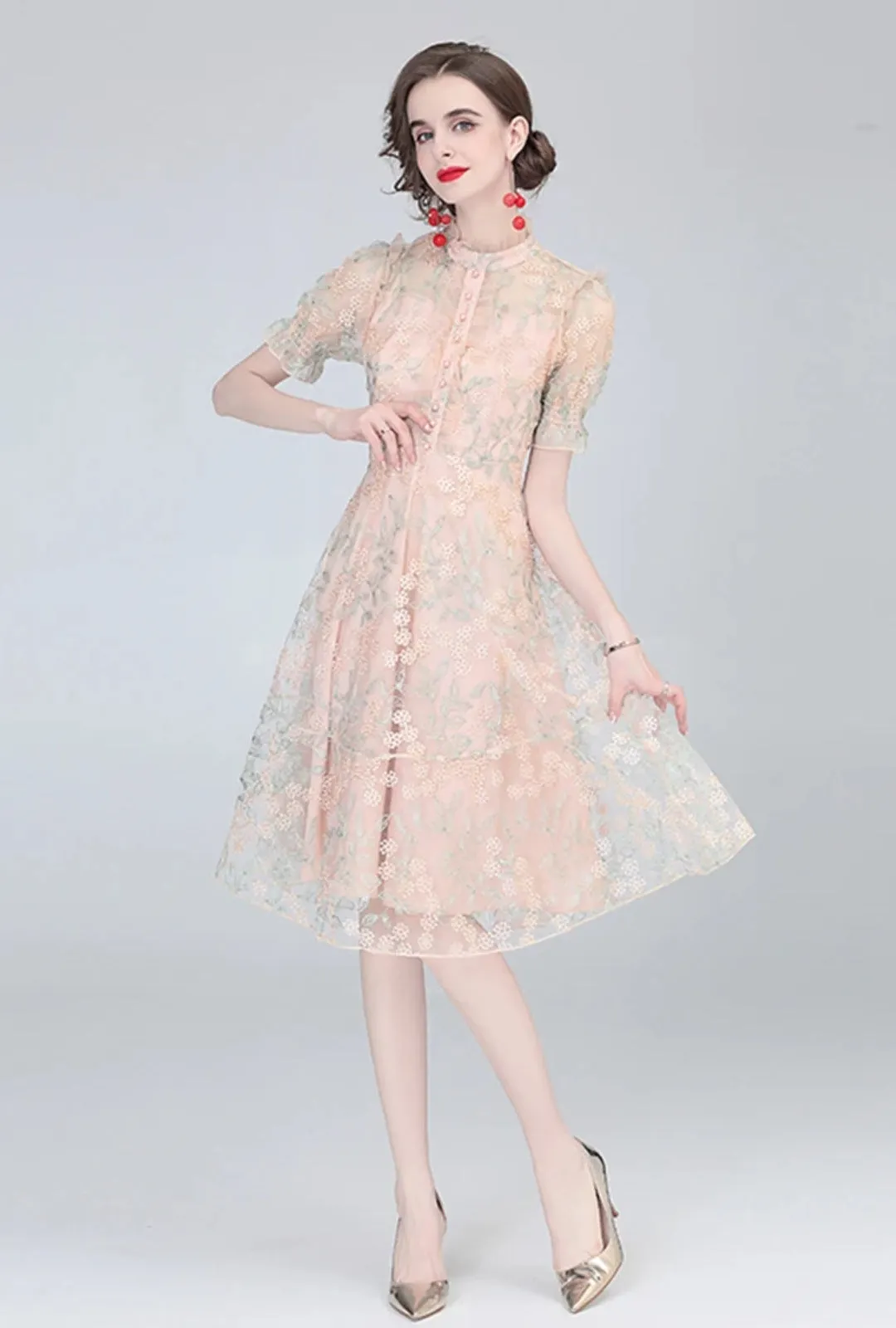 Vintage Boho Midi Dress - Pink Amelia | Embroidered Lace Bohemian Style Dress