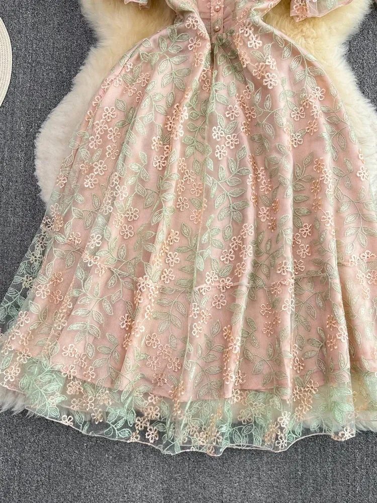 Vintage Boho Midi Dress - Pink Amelia | Embroidered Lace Bohemian Style Dress