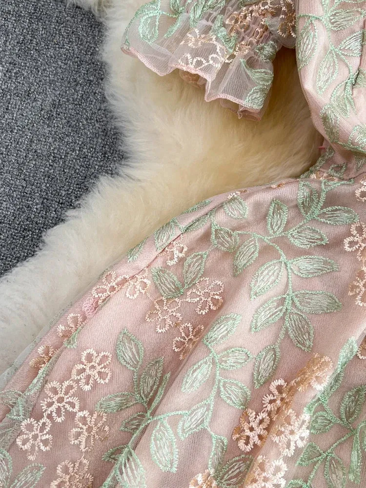 Vintage Boho Midi Dress - Pink Amelia | Embroidered Lace Bohemian Style Dress