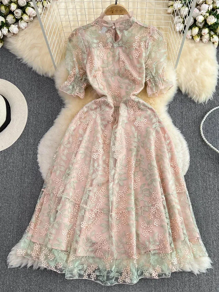 Vintage Boho Midi Dress - Pink Amelia | Embroidered Lace Bohemian Style Dress