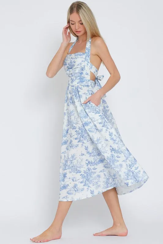 Waitlist 2/20 ♥ Sloan Sleeveless Halter Back Tie Abstract Print Midi Dress Blue