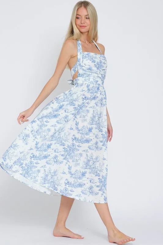 Waitlist 2/20 ♥ Sloan Sleeveless Halter Back Tie Abstract Print Midi Dress Blue