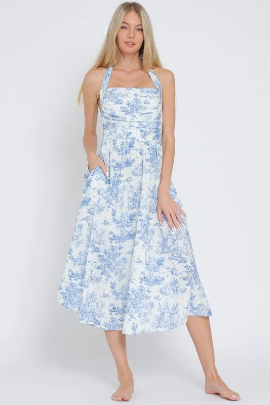 Waitlist 2/20 ♥ Sloan Sleeveless Halter Back Tie Abstract Print Midi Dress Blue