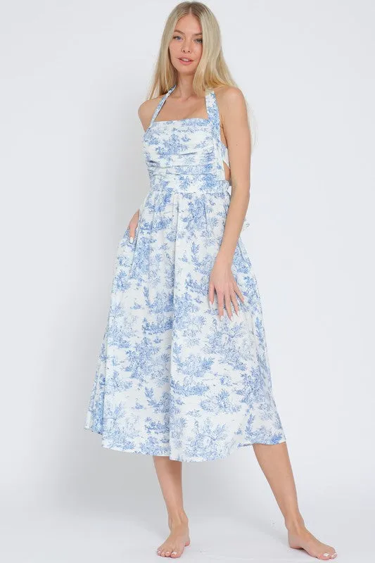 Waitlist 2/20 ♥ Sloan Sleeveless Halter Back Tie Abstract Print Midi Dress Blue