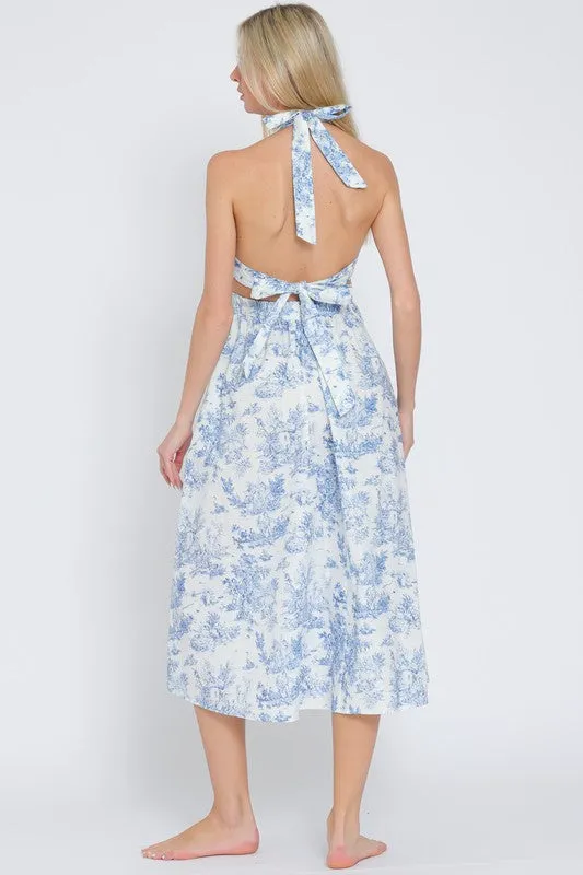 Waitlist 2/20 ♥ Sloan Sleeveless Halter Back Tie Abstract Print Midi Dress Blue