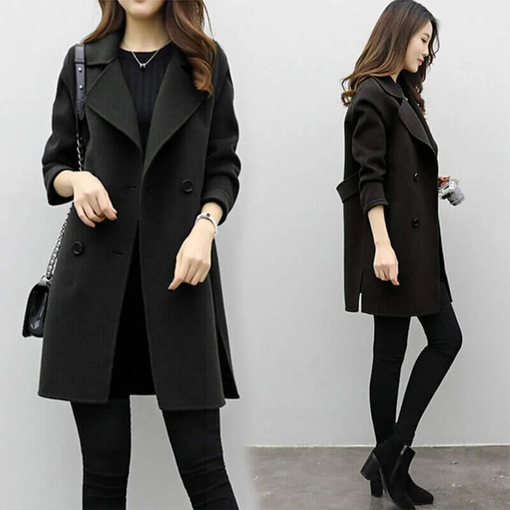 watersouprty Women Elegant Notched Collar Double Breasted Mid-Long Wool Blend Over Coat