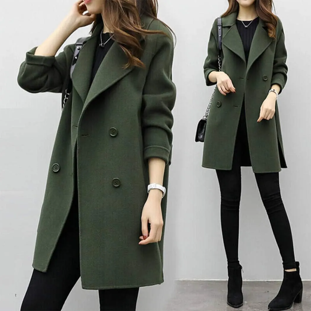 watersouprty Women Elegant Notched Collar Double Breasted Mid-Long Wool Blend Over Coat