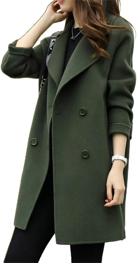 watersouprty Women Elegant Notched Collar Double Breasted Mid-Long Wool Blend Over Coat
