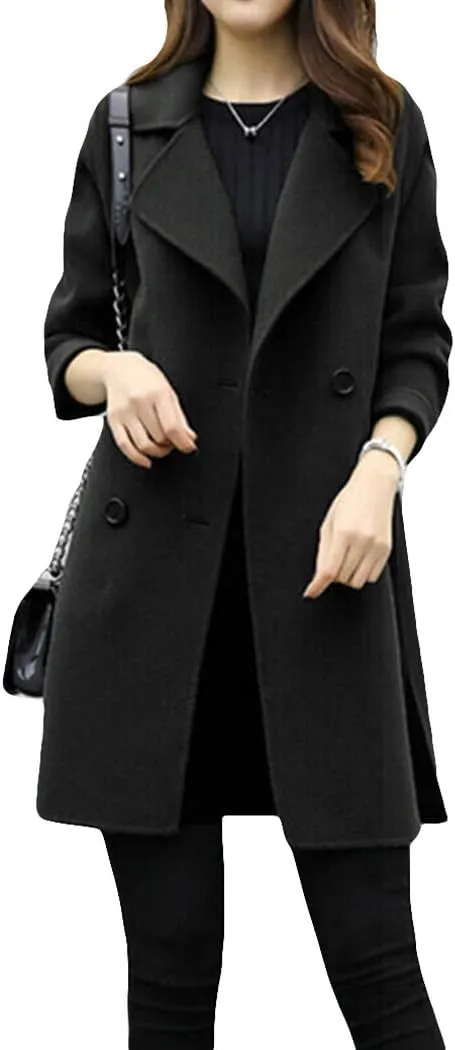 watersouprty Women Elegant Notched Collar Double Breasted Mid-Long Wool Blend Over Coat