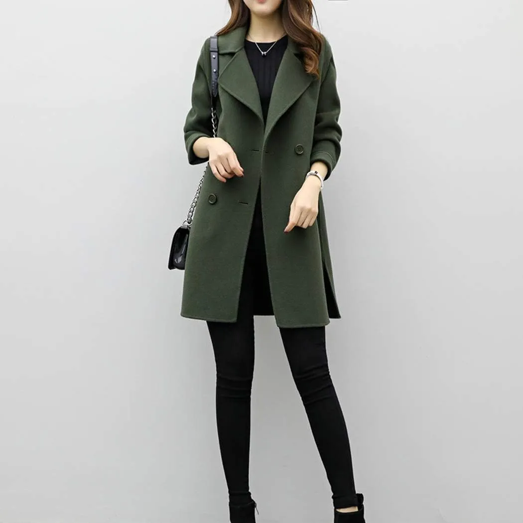 watersouprty Women Elegant Notched Collar Double Breasted Mid-Long Wool Blend Over Coat