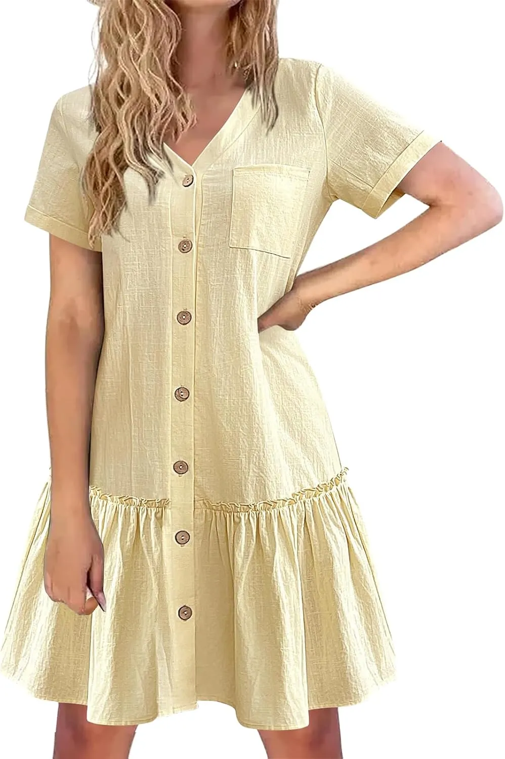 Women Button Down Dress Short Sleeve V Neck Cotton Linen Dress Tiered Ruffle Hem Shift Dresses